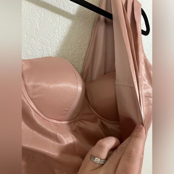 NWT boohoo Occasion One Shoulder Drape Mini Dress Champagne Pink Satin Size 6 S - Picture 9 of 10